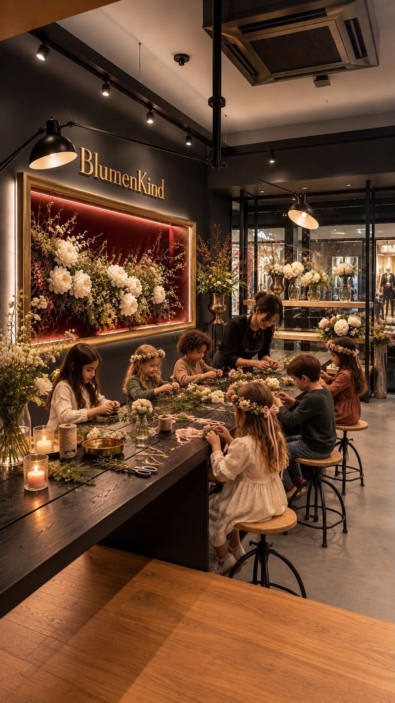 Kinder gestalten an einem langen Tisch in der Blumengalerie Blumenkränze